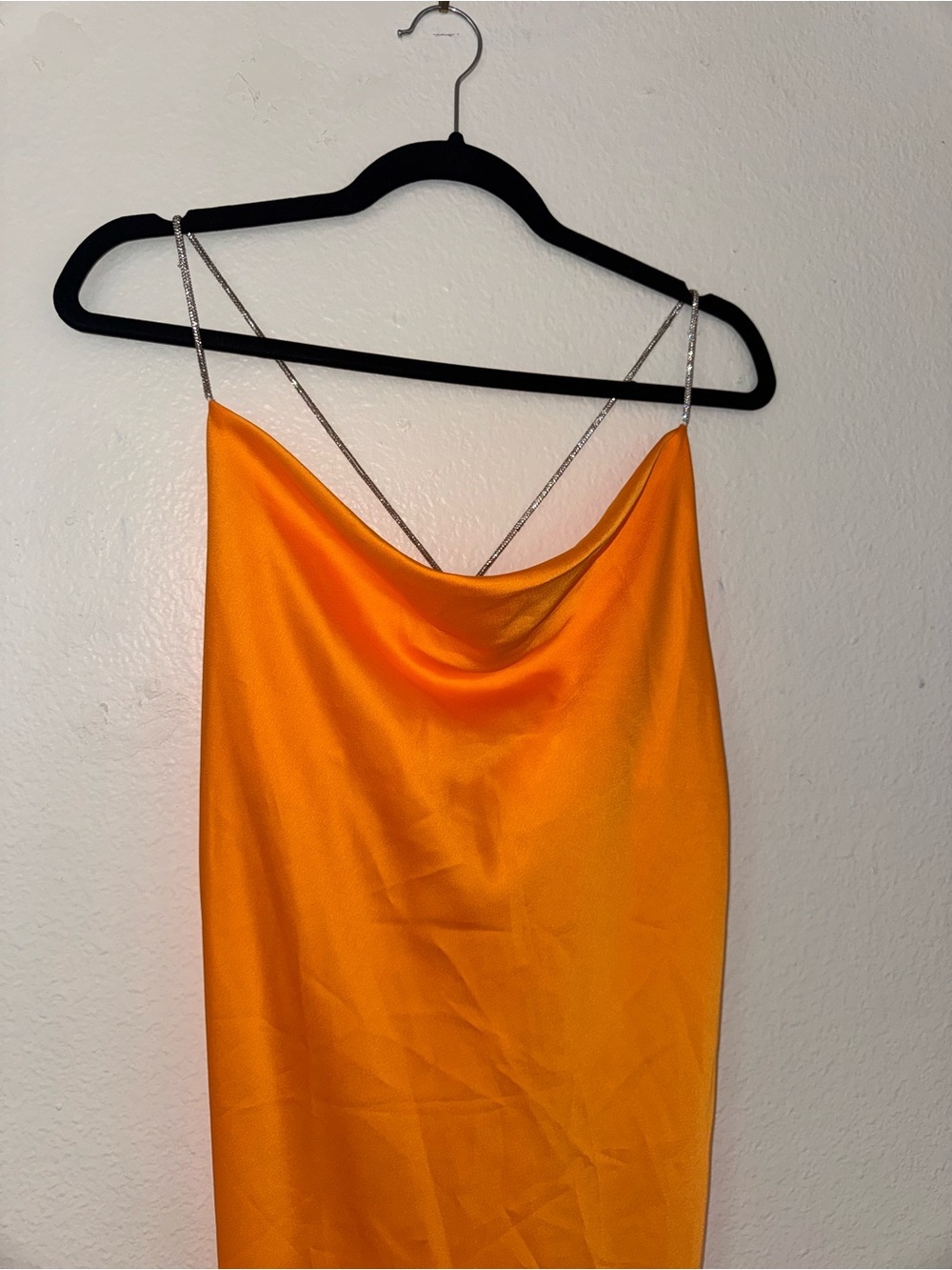 Satin Cowl Neck Slip Dress with Rhinestone Straps in Bright Orange NWT - Picture 3 of 7